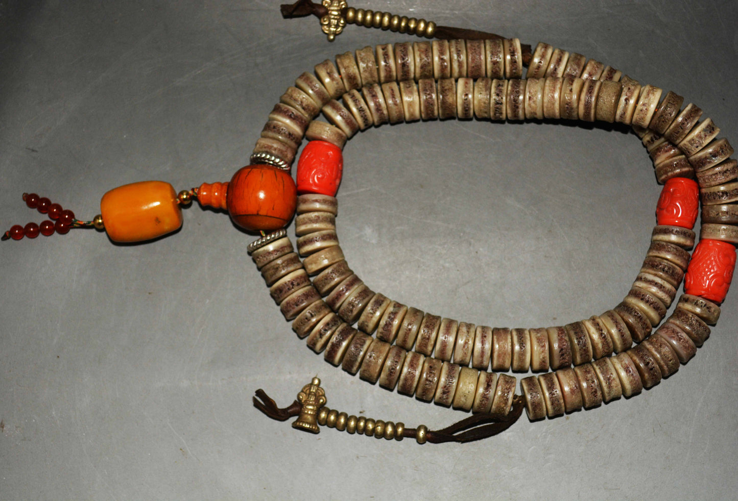 Real Tibetan Old Antique Kapala Bone Prayer Beads Mala Rosary Red Coral Himalayas 108 Butterscotch Egg Yolk Amber