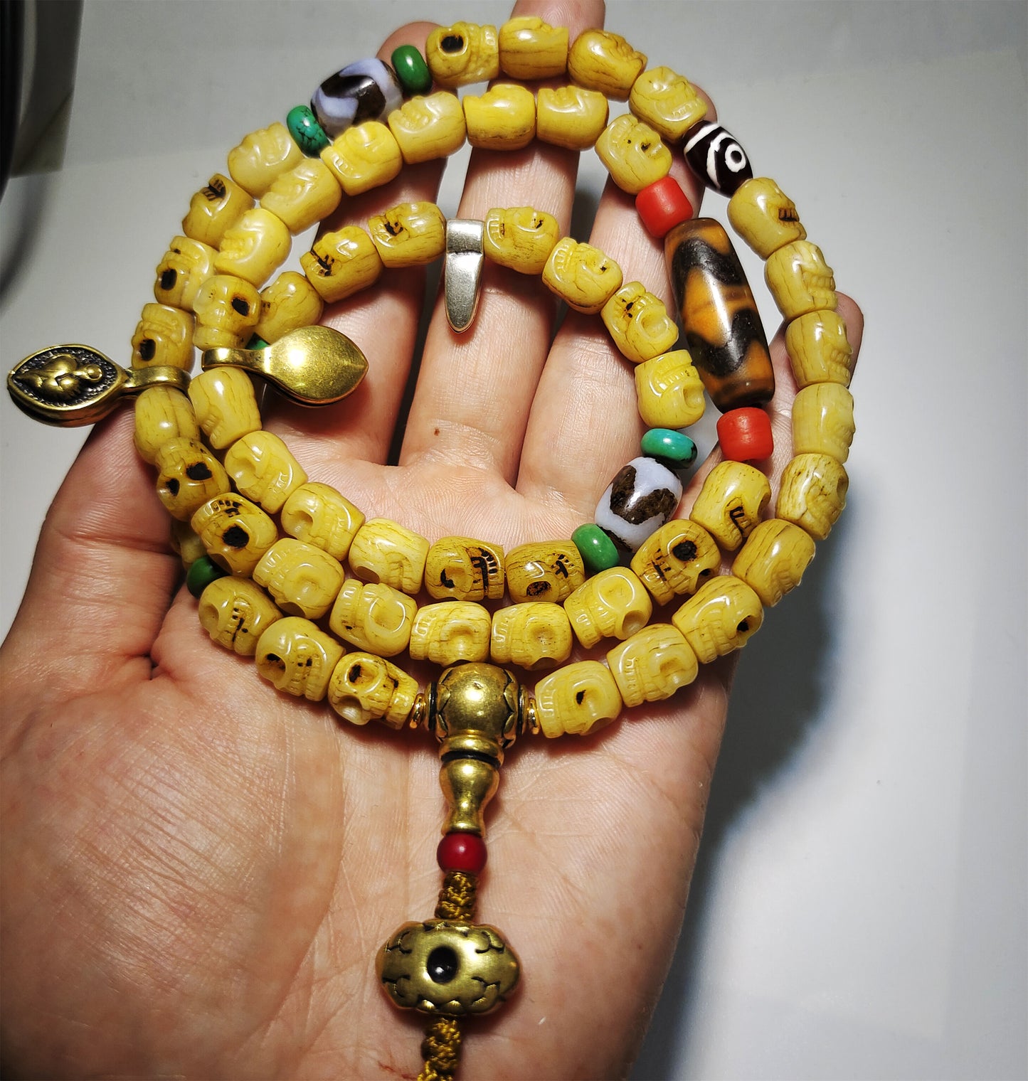 Real Tibetan Old Antique Kapala Bone Skull Mala Prayer Beads Bracelet Rosary Himalaya Genuine 108 Buddhism Worry Necklace Amulet