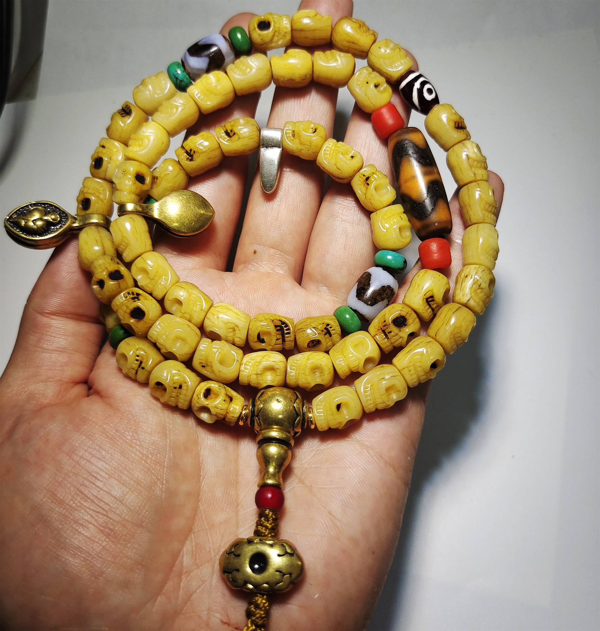 Real Tibetan Old Antique Kapala Bone Skull Mala Prayer Beads Bracelet Rosary Himalaya Genuine 108 Buddhism Worry Necklace Amulet
