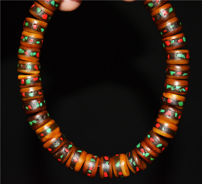 Real Tibetan Old Antique Kapala Mala Prayer Beads Bracelet Rosary Himalayas Turquoise Buddhism Worry Amulet