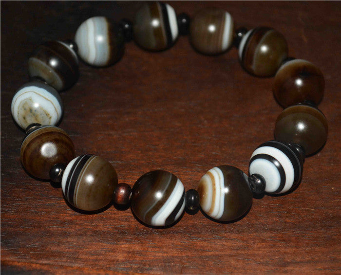 Handmade Rosary, 10mm DZI online Brown Cream White Agate Beads