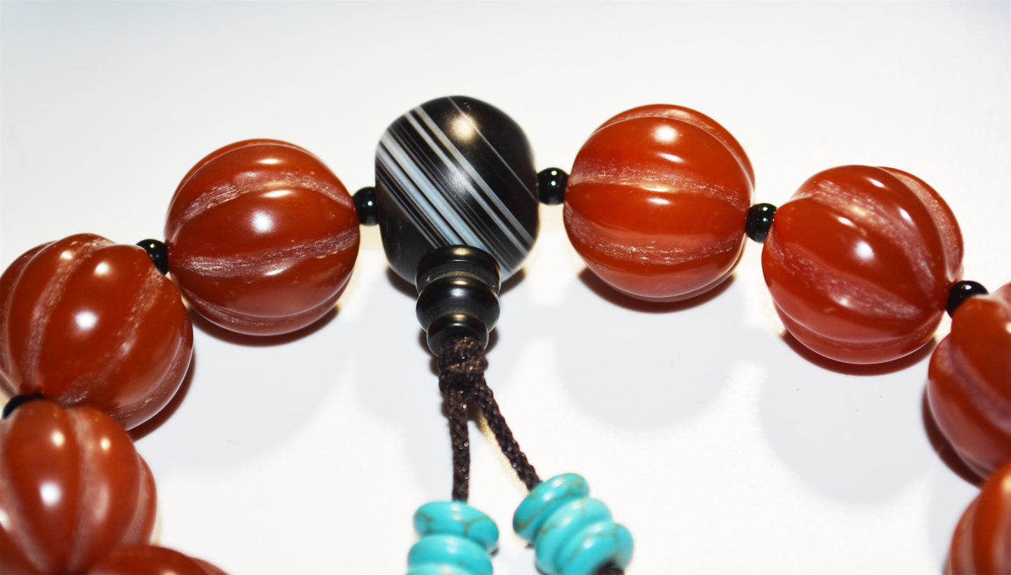 Real Tibetan Old Antique Pema Raka Agate Bracelet Melon Mala Prayer Beads Nanhong Carnelian Pumpkin Rosary Himalaya Genuine Worry Amulet