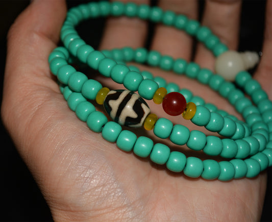 Real Tibetan Turquoise Bracelet Mala Prayer Beads Old Antique Rosary Natural Blue Stone Necklace Chain Genuine water wave tiger Dzi Worry 108