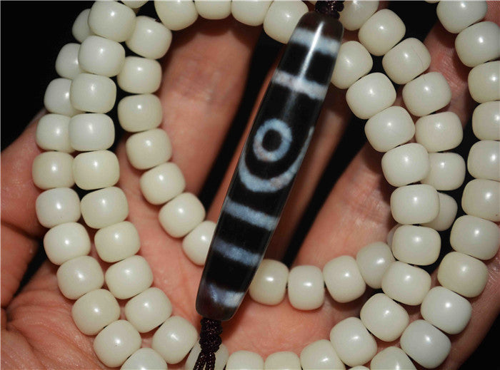 Tibetan Bodhi Seeds Mala Prayer Beads Two Eyes Dzi Bead Amulet 108 Rosary Himalayas