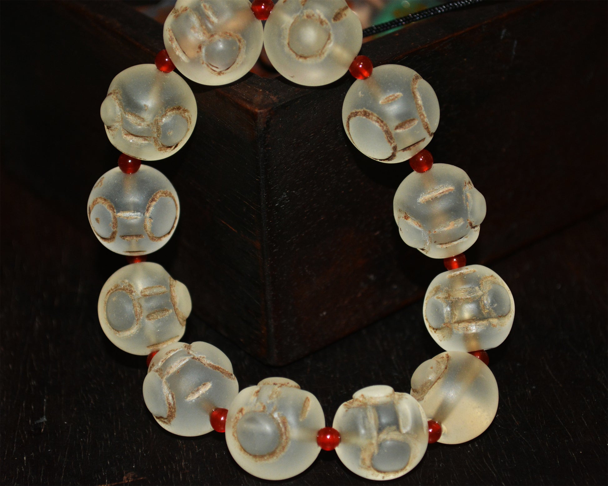 Tibetan Old Antique Colored Glaze White Glass Bracelet Mala Prayer Beads Himalaya Rosary