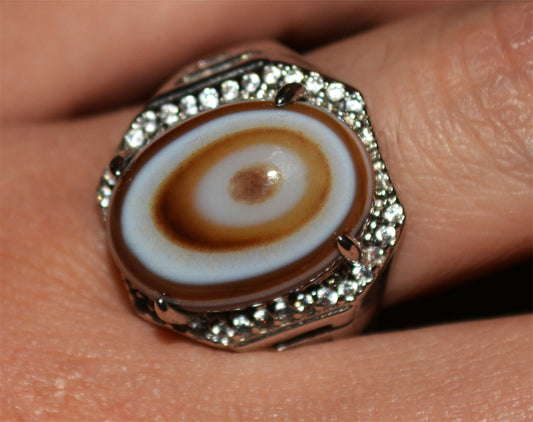 Real Tibetan Old Antique Luk Mik Eye Dzi Bead Ring Himalaya Lukmik