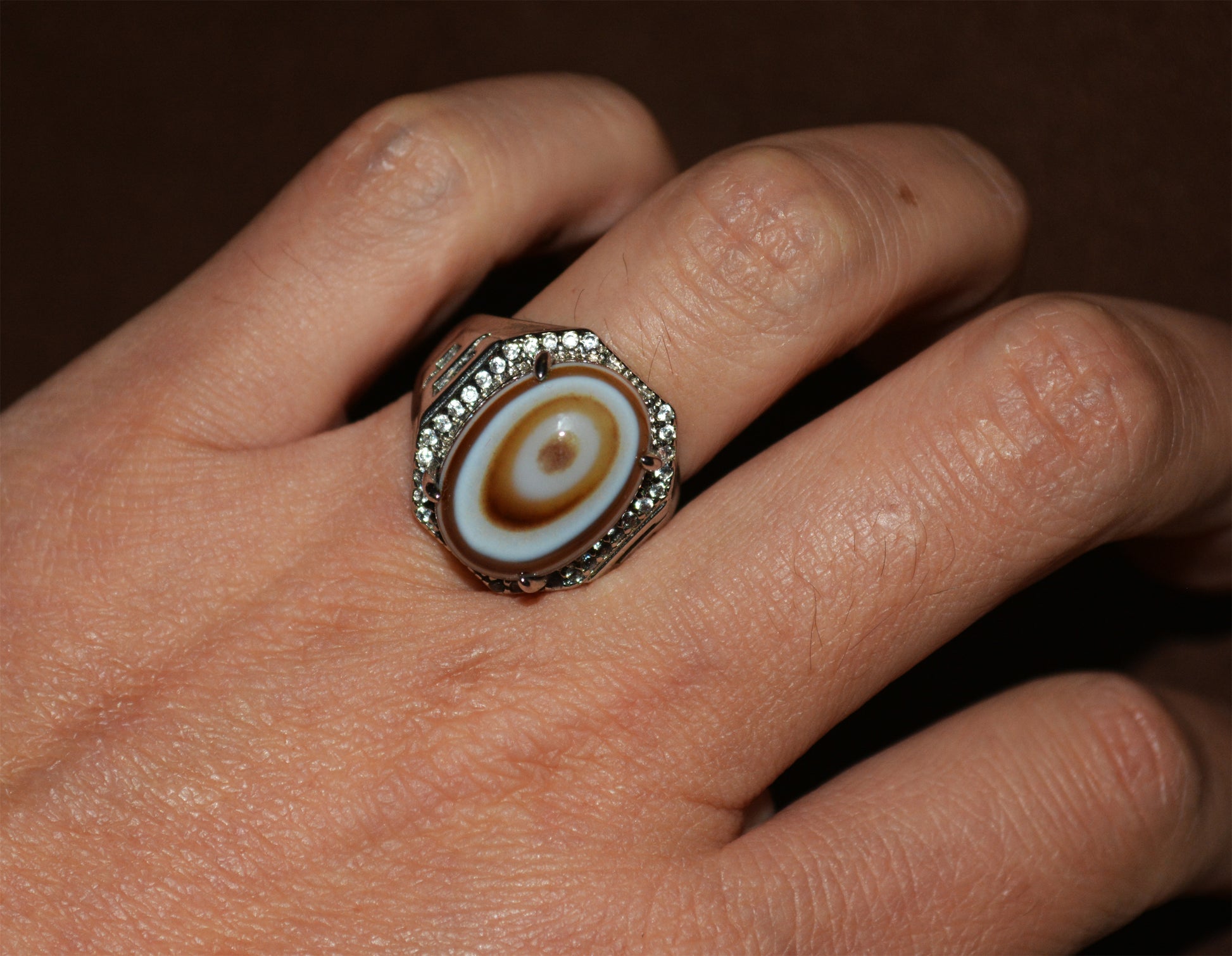 Real Tibetan Old Antique Luk Mik Eye Dzi Bead Ring Himalaya Lukmik