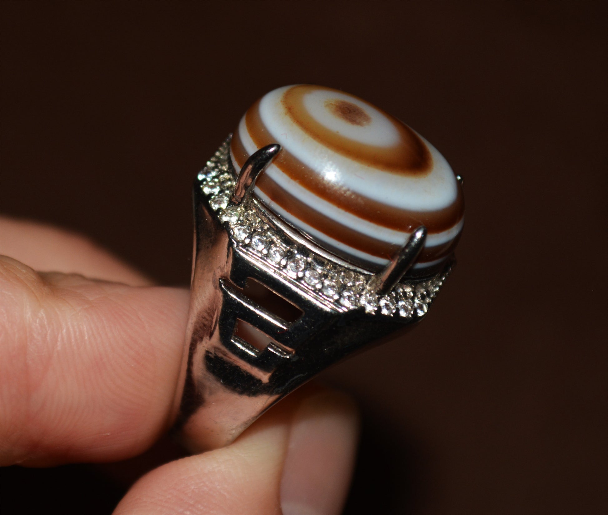 Real Tibetan Old Antique Luk Mik Eye Dzi Bead Ring Himalaya Lukmik