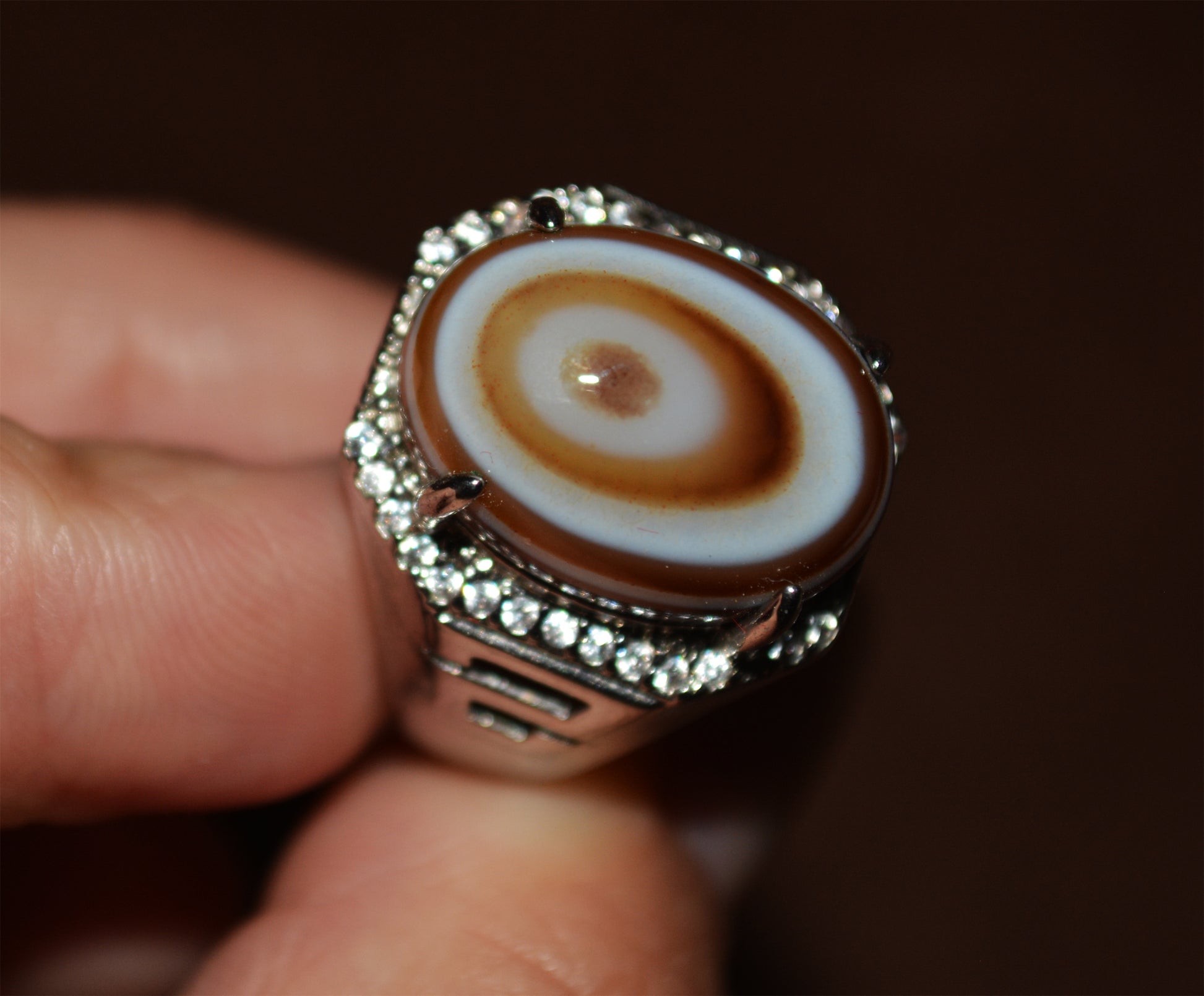 Real Tibetan Old Antique Luk Mik Eye Dzi Bead Ring Himalaya Lukmik