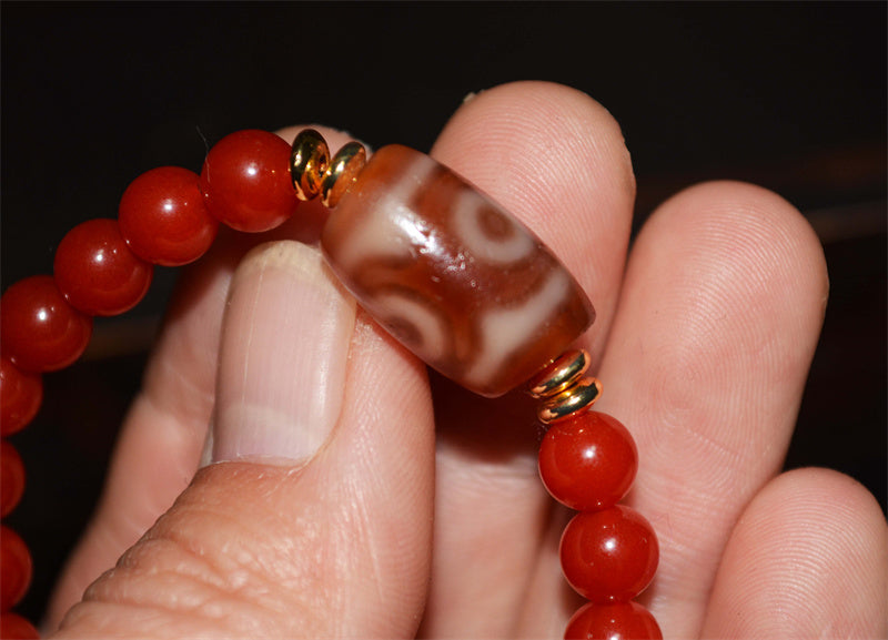 Ancient Tibetan Three Eyes Dzi Bead Amulet Himalaya 3 Eyed Pure Gzi Genuine Old Antique Agate Real Talisman Bracelet