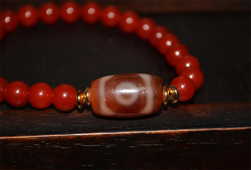 Ancient Tibetan Three Eyes Dzi Bead Amulet Himalaya 3 Eyed Pure Gzi Genuine Old Antique Agate Real Talisman Bracelet