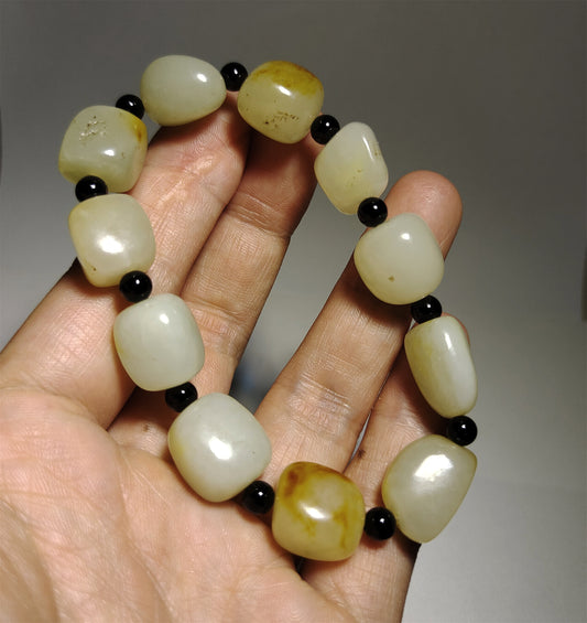 Genuine Chinese Old White Hetian Jade Bracelet Natural Nephrite Hotan Mala Prayer Beads Real Old River Pebble Mutton Fat Amulet