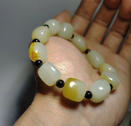 Genuine Chinese Antique White Hetian Jade Bracelet Natural Nephrite Mala Prayer Beads Real Hotan Old River Pebble