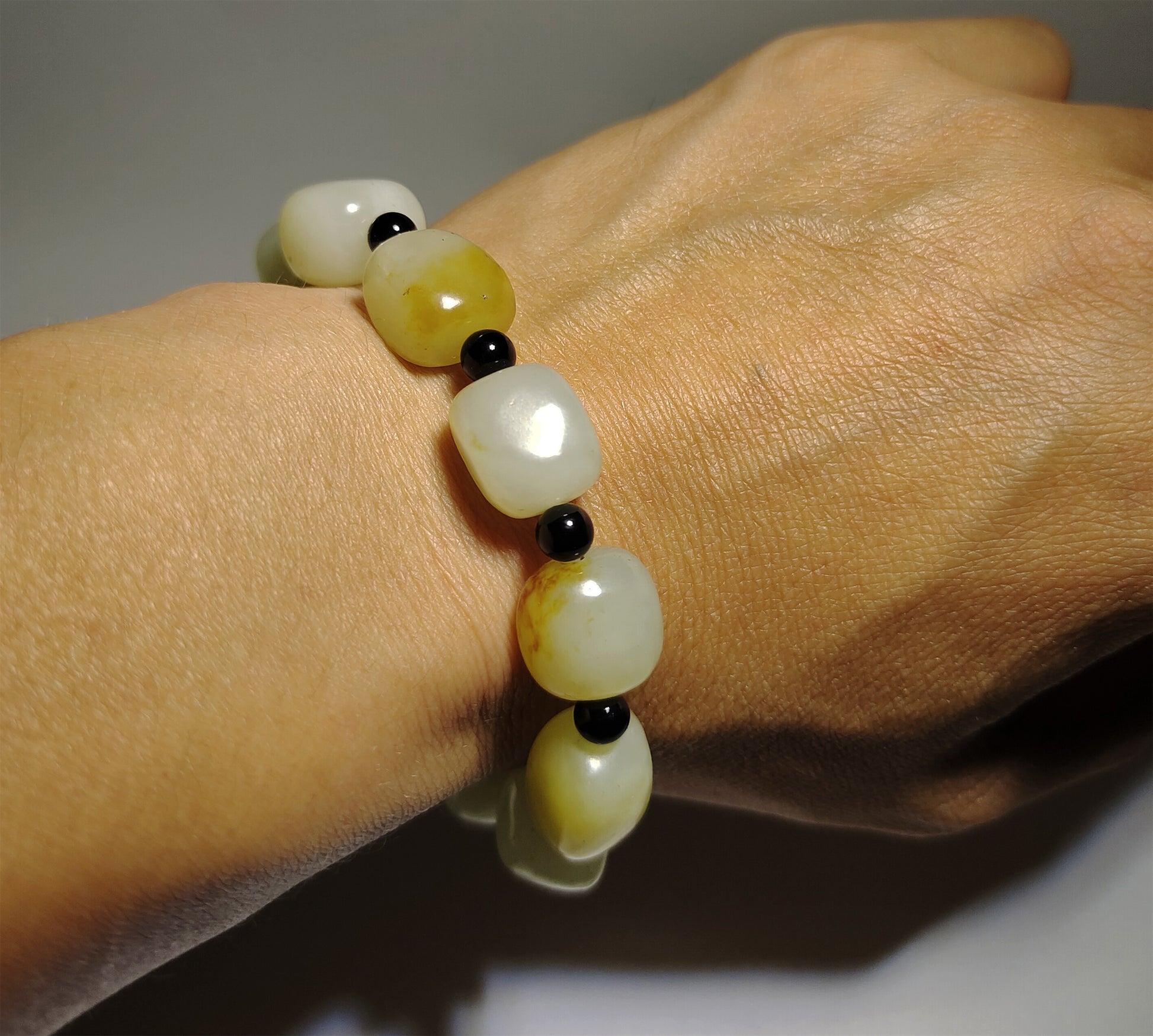 Real Chinese Antique White Hetian Jade Bracelet Natural Nephrite Hotan Mala Prayer Beads Old River Pebble