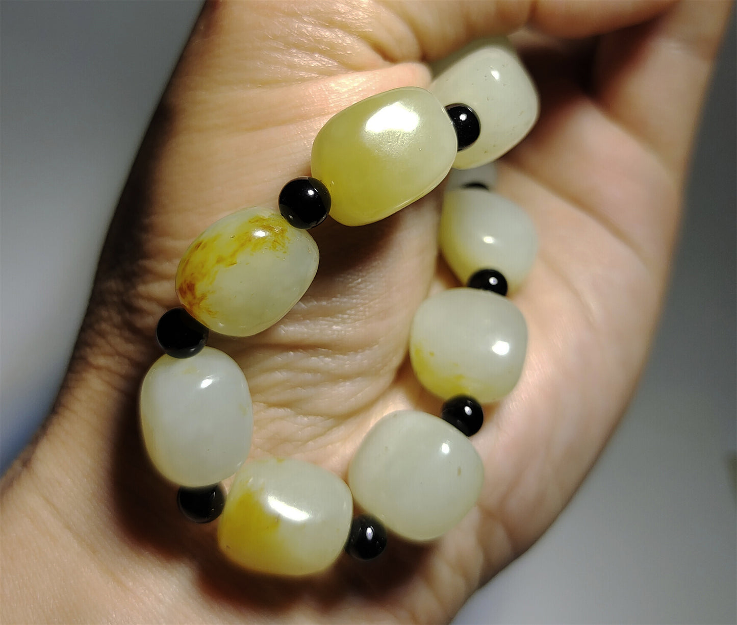 Real Chinese Antique White Hetian Jade Bracelet Natural Nephrite Hotan Mala Prayer Beads Old River Pebble