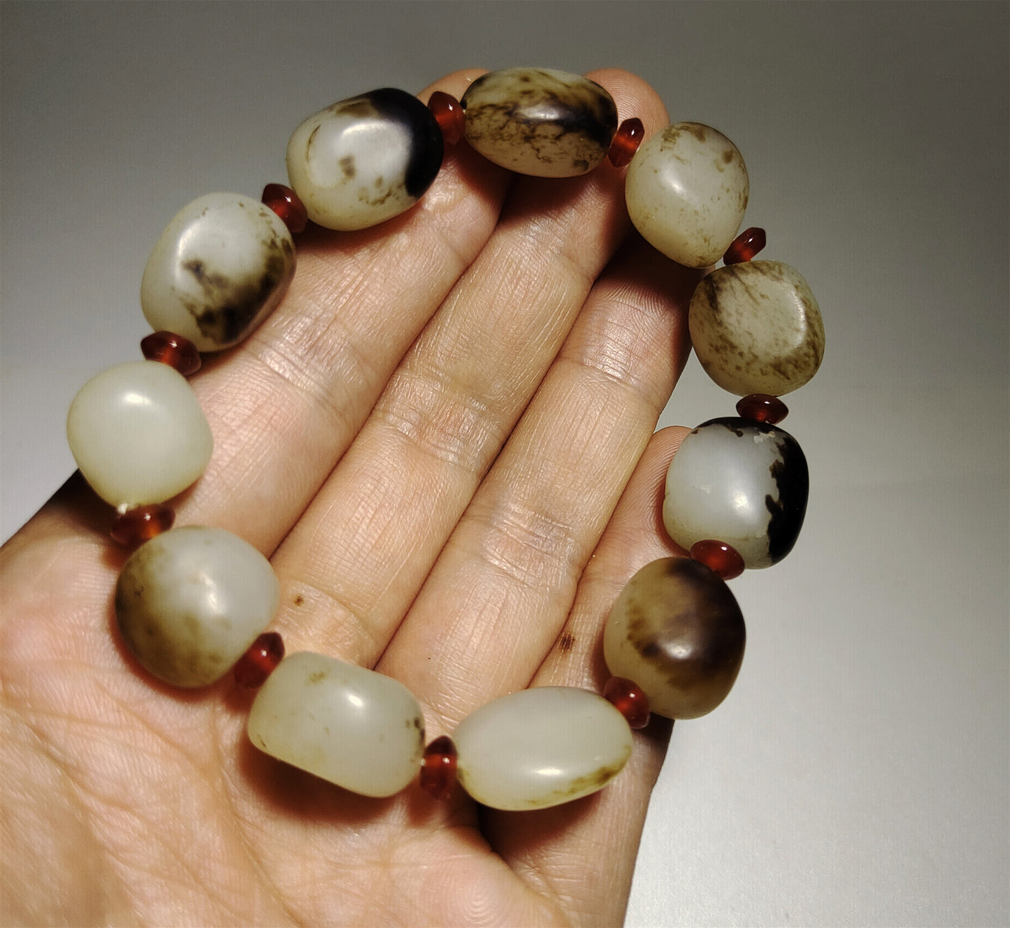 Genuine Chinese Antique White Hetian Jade Bracelet Natural Nephrite Mala Prayer Beads Real Hotan Old River Pebble