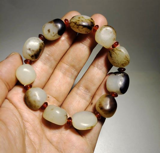 Genuine Chinese Antique White Hetian Jade Bracelet Natural Nephrite Mala Prayer Beads Real Hotan Old River Pebble