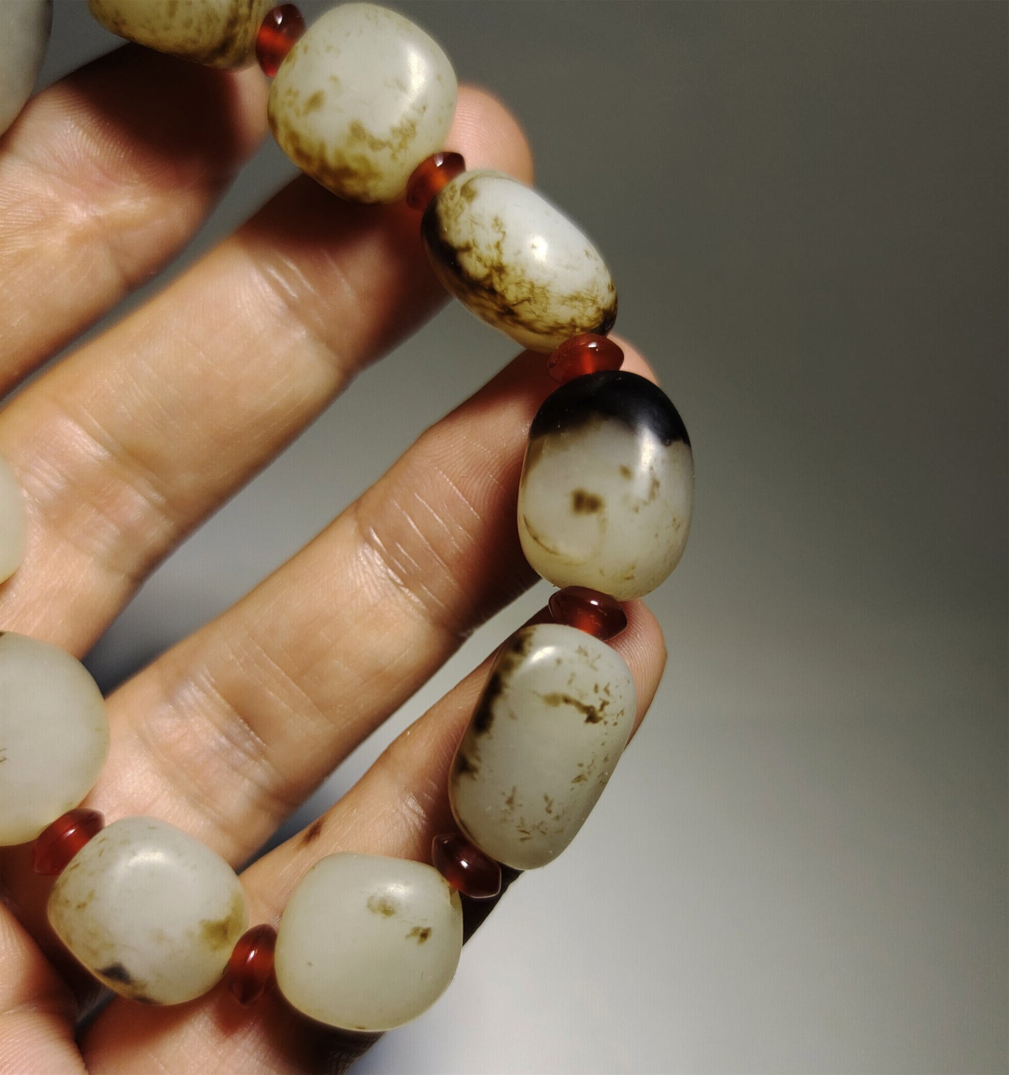 Genuine Chinese Antique White Hetian Jade Bracelet Natural Nephrite Mala Prayer Beads Real Hotan Old River Pebble