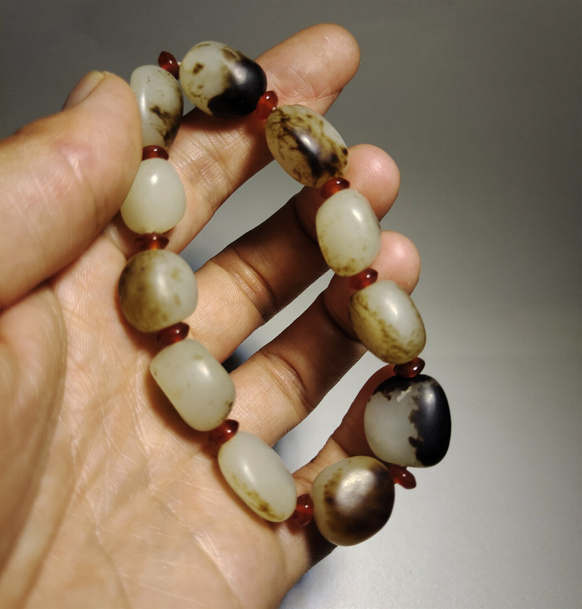 Genuine Chinese Antique White Hetian Jade Bracelet Natural Nephrite Mala Prayer Beads Real Hotan Old River Pebble