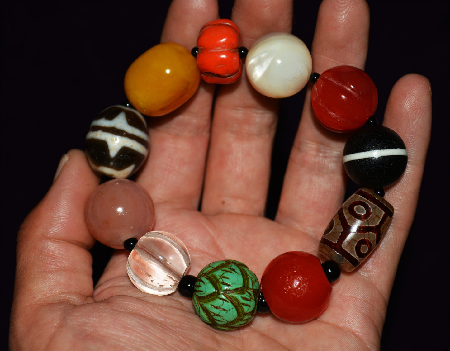 Real Himalaya Old Antique Amber Bracelet Red Coral Turquoise Mala Prayer Beads Pema Raka Nanhong Agate Six Eyes Dzi Bead