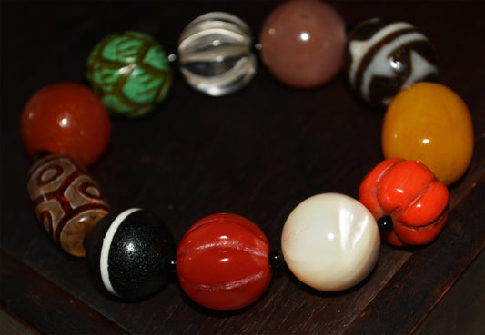 Real Himalaya Old Antique Amber Bracelet Red Coral Turquoise Mala Prayer Beads Pema Raka Nanhong Agate Six Eyes Dzi Bead