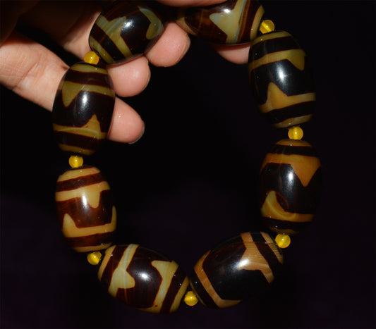 Genuine Himalayas Old Tiger Tooth Dzi Bead Bracelet Amulet Mala Prayer Zigzag Water Wave Pure Tibetan Gzi Talisman