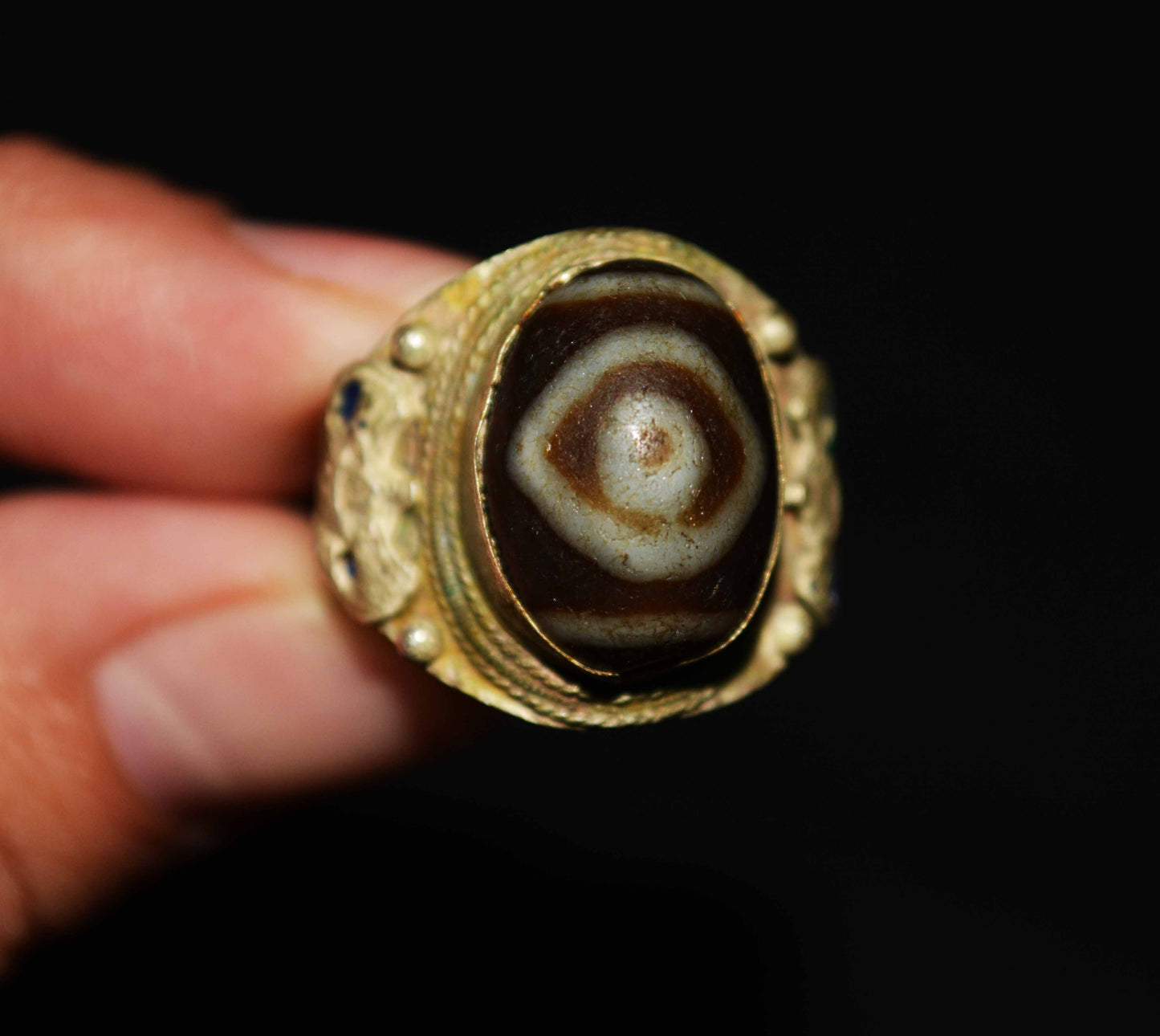 Genuine Tibetan Ancient One Two Eyes Dzi Bead Ring Amulet Himalaya Old Antique Real Agate Nepal Buddha's Eye Pure Gzi Talisman