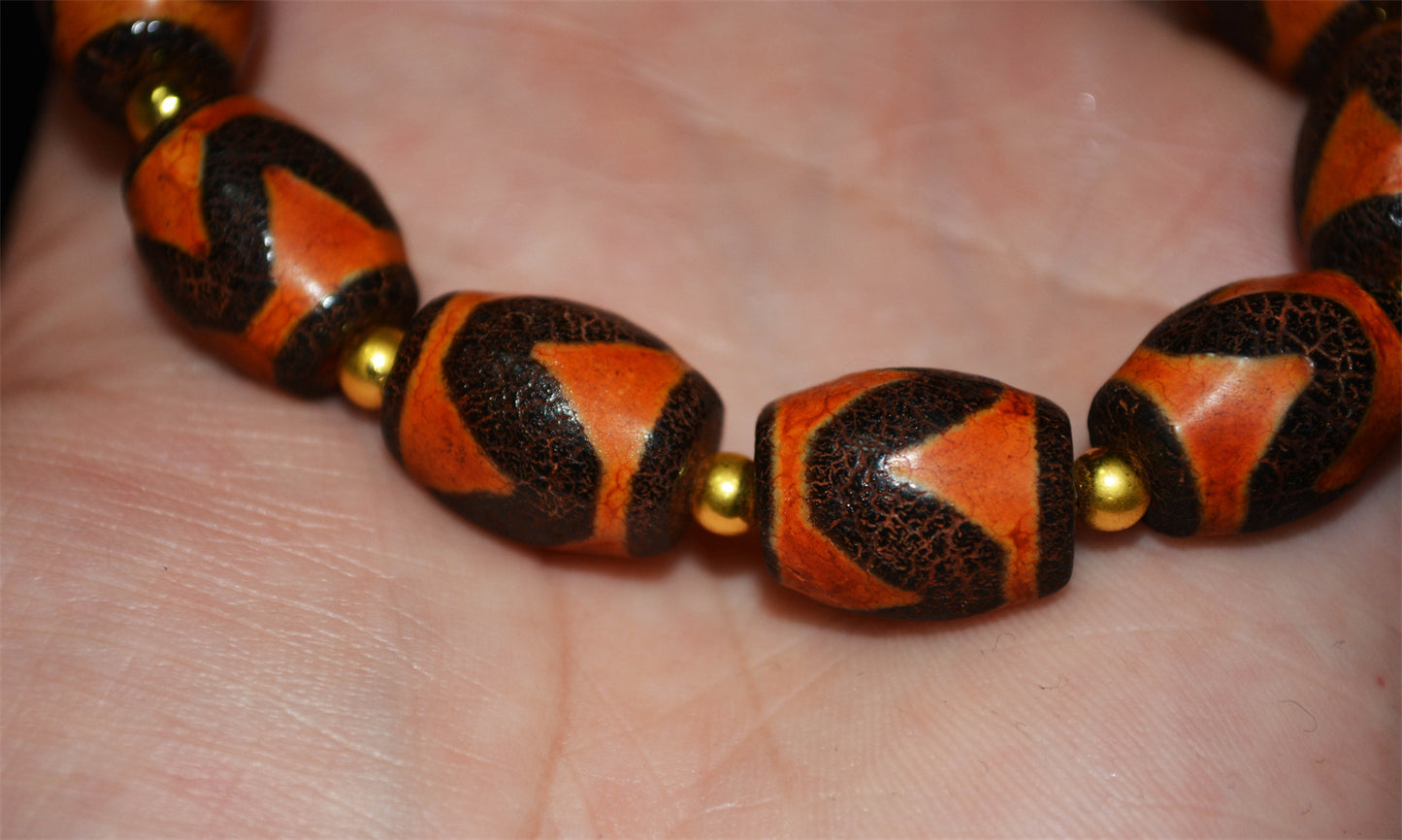 Genuine Tibetan Ancient Tiger Tooth Dzi Bead Bracelet Amulet Himalaya Zigzag Old Antique Real Agate Nepal Water Wave Pure Gzi Mala Prayer Beads Talisman