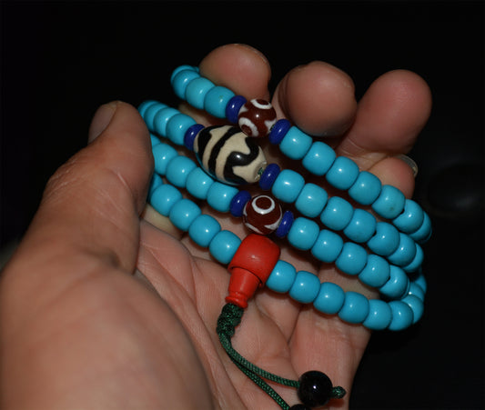 Genuine Tibetan Natural Turquoise Bracelet Dzi Mala Prayer Beads Necklace Real 108 Rosary
