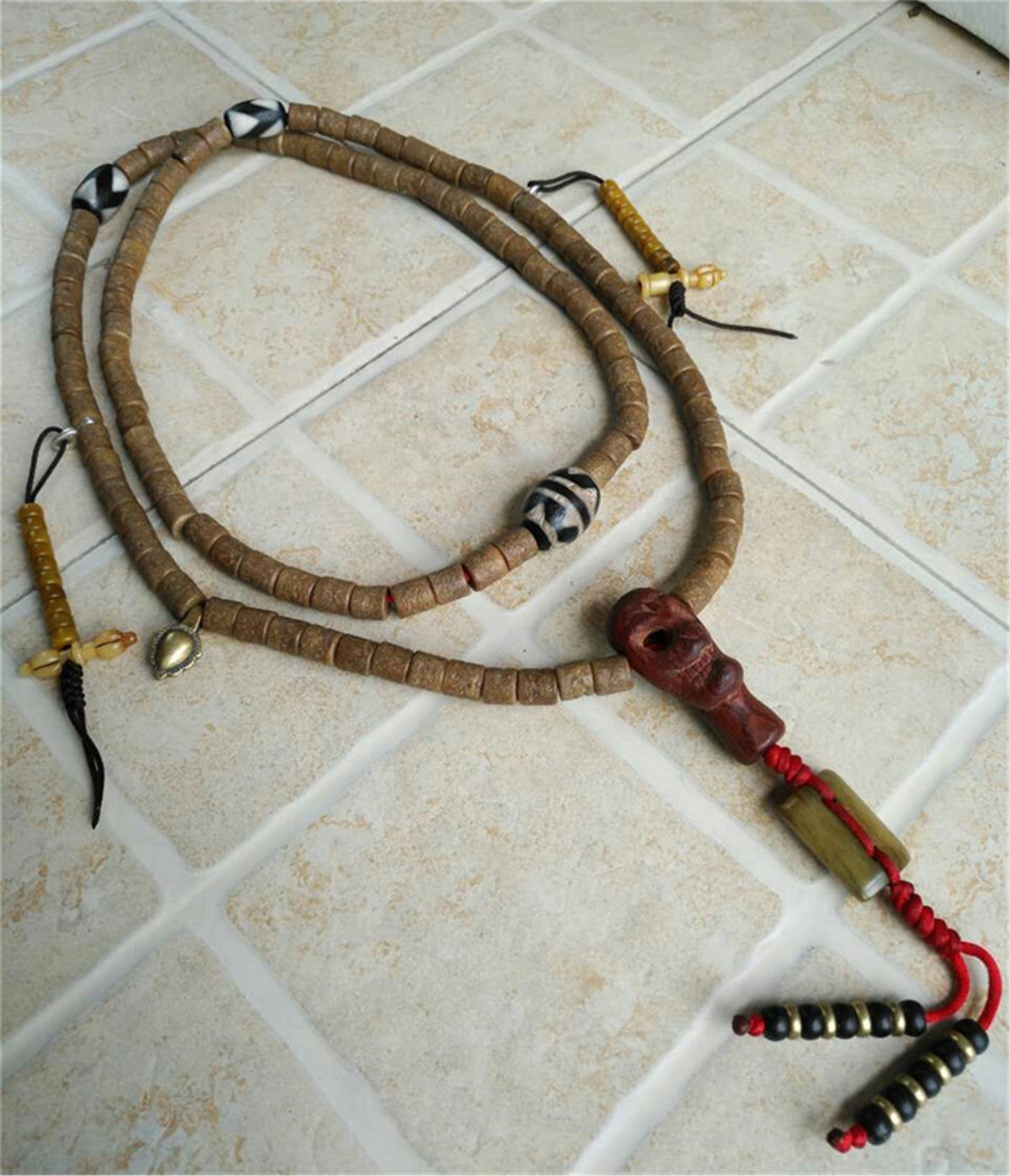 Genuine Tibetan Old Antique Kapala Bone Prayer Beads Mala Rosary 108 Bracelet Himalayan Real Buddhism Worry Necklace Amulet Tiger Tooth Dzi Bead