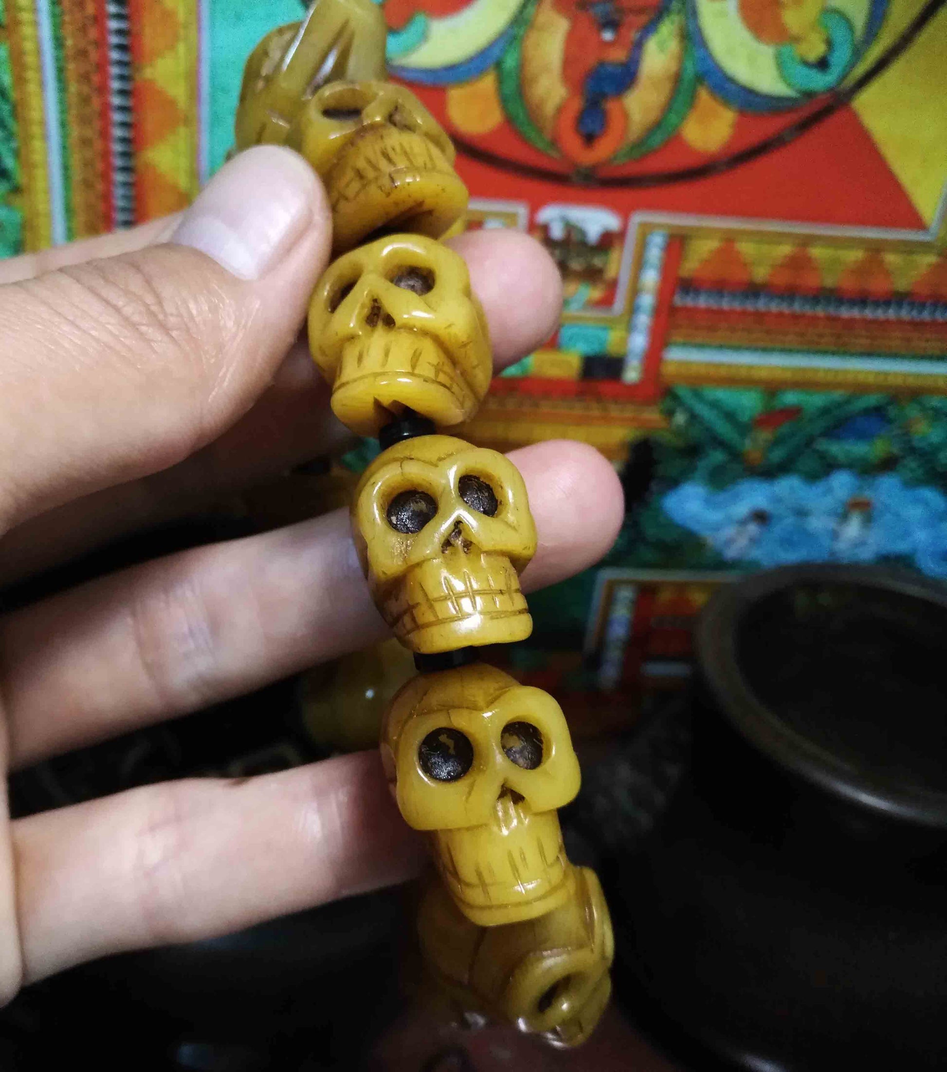 Genuine Tibetan Old Antique Skull Mala Prayer Beads Bracelet Kapala Bone Rosary Himalayan Buddhism Worry Amulet