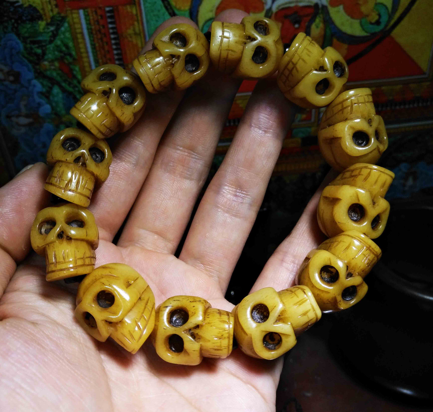 Genuine Tibetan Old Antique Skull Mala Prayer Beads Bracelet Kapala Bone Rosary Himalayan Buddhism Worry Amulet