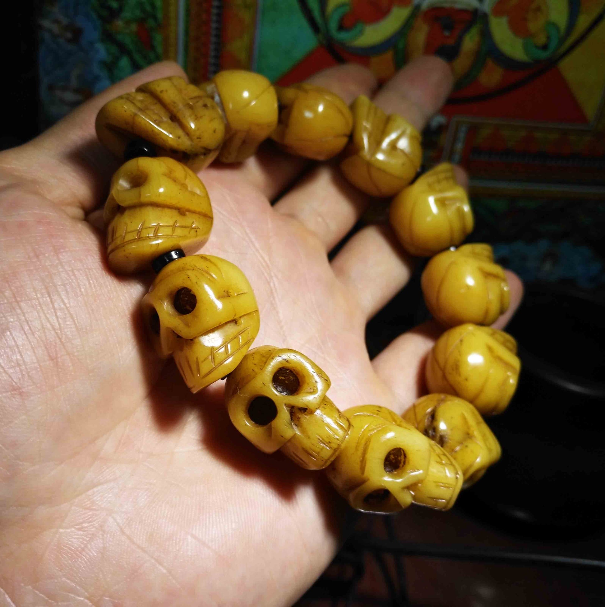 Genuine Tibetan Old Antique Skull Mala Prayer Beads Bracelet Kapala Bone Rosary Himalayan Buddhism Worry Amulet