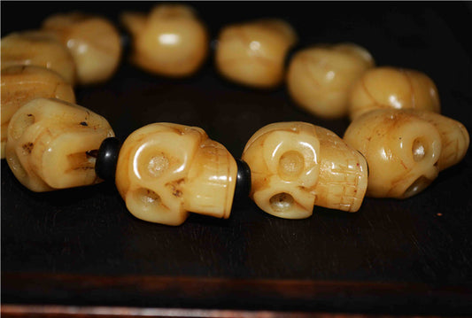 Genuine Tibetan Old Antique Skull Mala Prayer Beads Bracelet Kapala Bone Rosary Himalayas Buddhism Worry Amulet