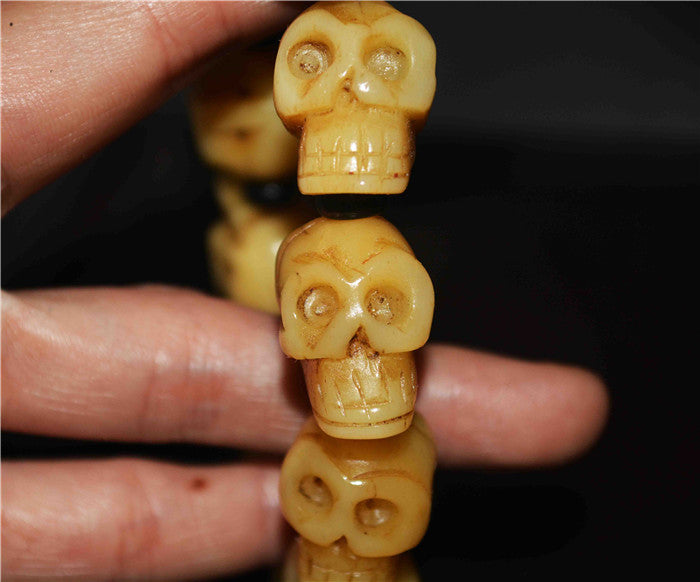 Genuine Tibetan Old Antique Skull Mala Prayer Beads Bracelet Kapala Bone Rosary Himalayas Buddhism Worry Amulet
