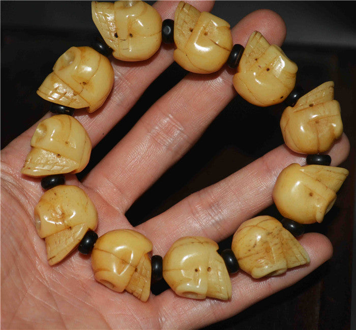 Genuine Tibetan Old Antique Skull Mala Prayer Beads Bracelet Kapala Bone Rosary Himalayas Buddhism Worry Amulet