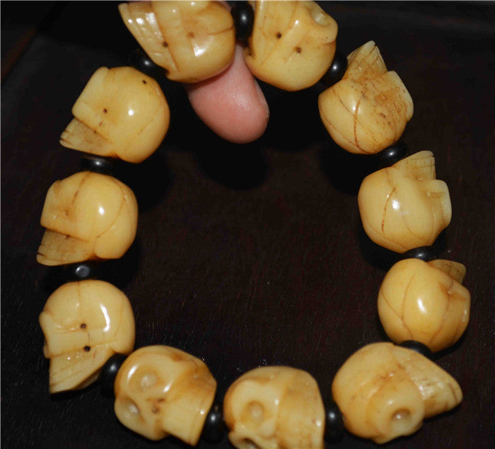 Genuine Tibetan Old Antique Skull Mala Prayer Beads Bracelet Kapala Bone Rosary Himalayas Buddhism Worry Amulet