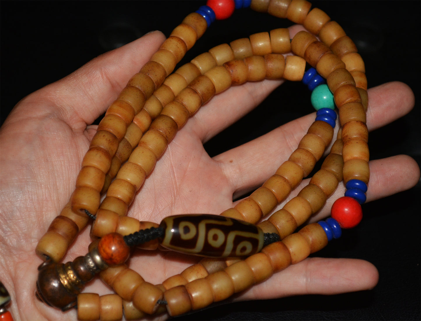 Genuine Tibetan Old Antique Yak Bone Mala Prayer Beads Bracelet Amulet 108 Himalaya Rosary Nine Eyes Dzi