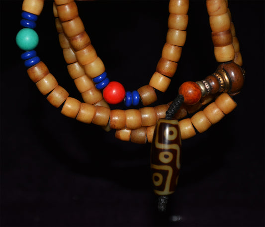 Genuine Tibetan Old Antique Yak Bone Mala Prayer Beads Bracelet Amulet 108 Himalaya Rosary Nine Eyes Dzi