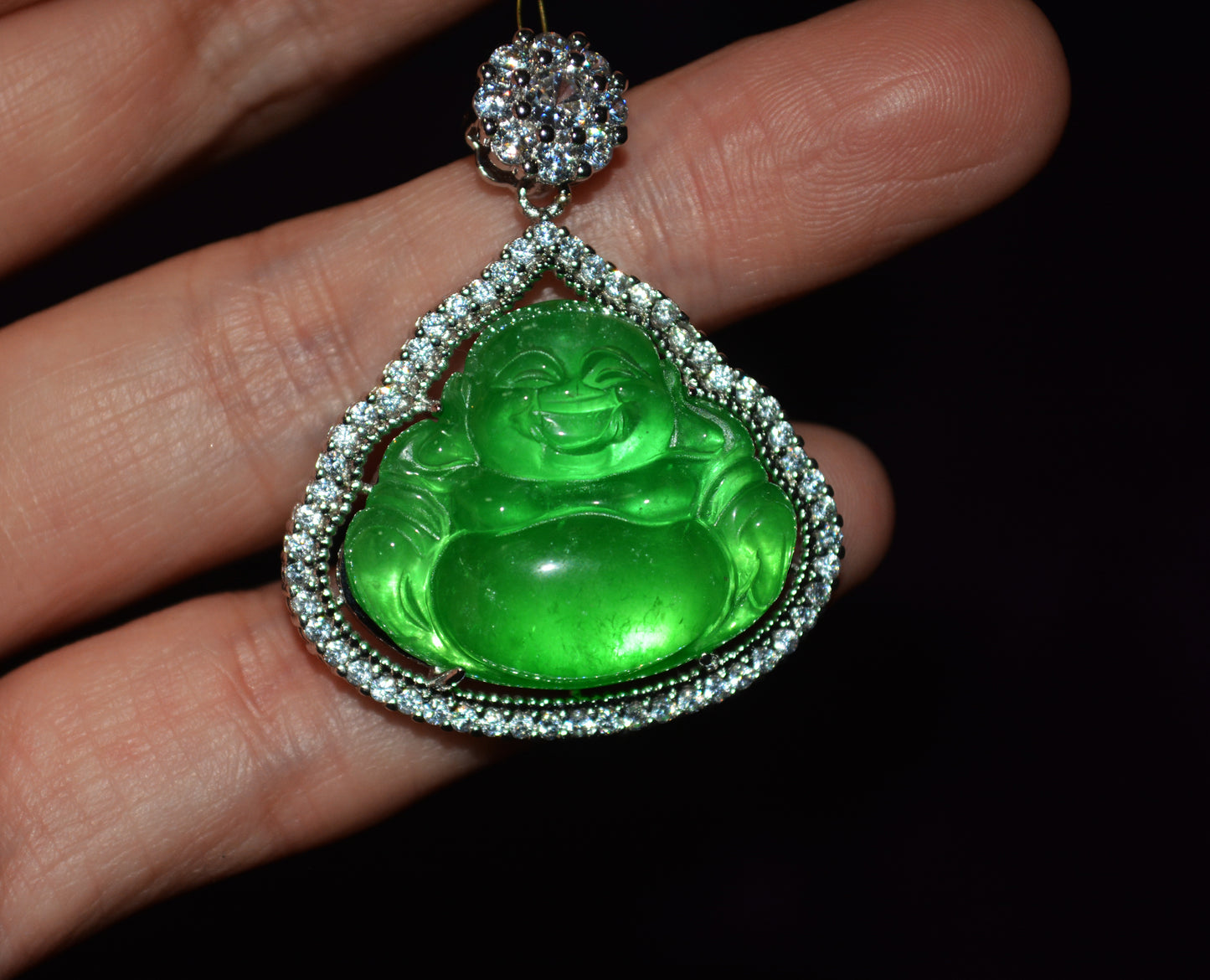 Natural Grade A Glassy Jadeite Pendant Happy Smile Buddha Genuine Glassy Emerald Green Jade Maitreya Real Amulet