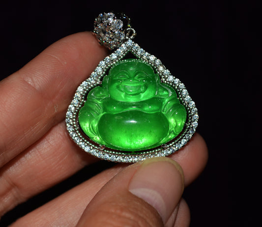 Natural Grade A Glassy Jadeite Pendant Happy Smile Buddha Genuine Glassy Emerald Green Jade Maitreya Real Amulet