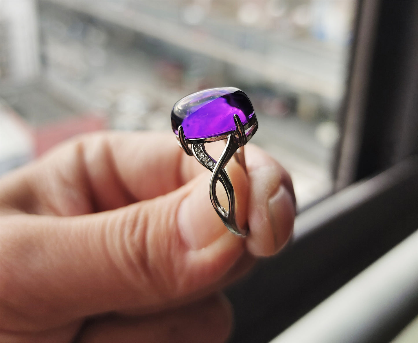 Natural Icy Amethyst Crystal Stone Ring Purple Quartz Genuine Certified Chinese Real Authentic Glassy Gemstone Oval