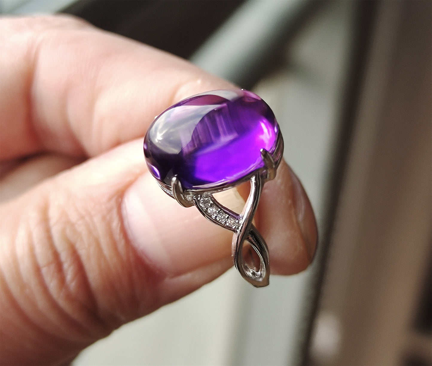 Natural Icy Amethyst Crystal Stone Ring Purple Quartz Genuine Certified Chinese Real Authentic Glassy Gemstone Oval