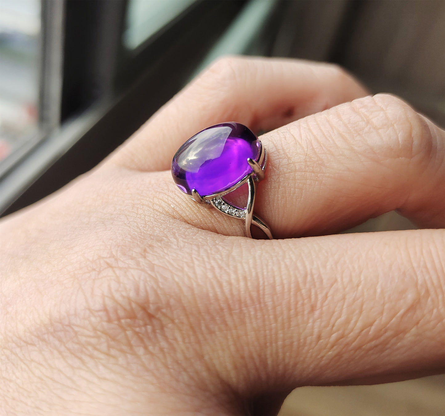 Natural Icy Amethyst Crystal Stone Ring Purple Quartz Genuine Certified Chinese Real Authentic Glassy Gemstone Oval