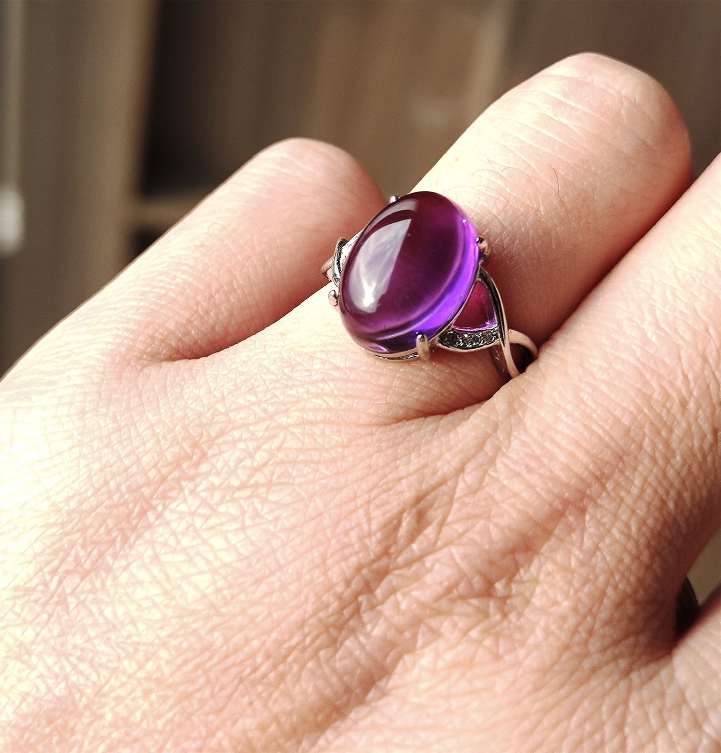 Natural Icy Amethyst Crystal Stone Ring Purple Quartz Genuine Certified Chinese Real Authentic Glassy Gemstone Oval