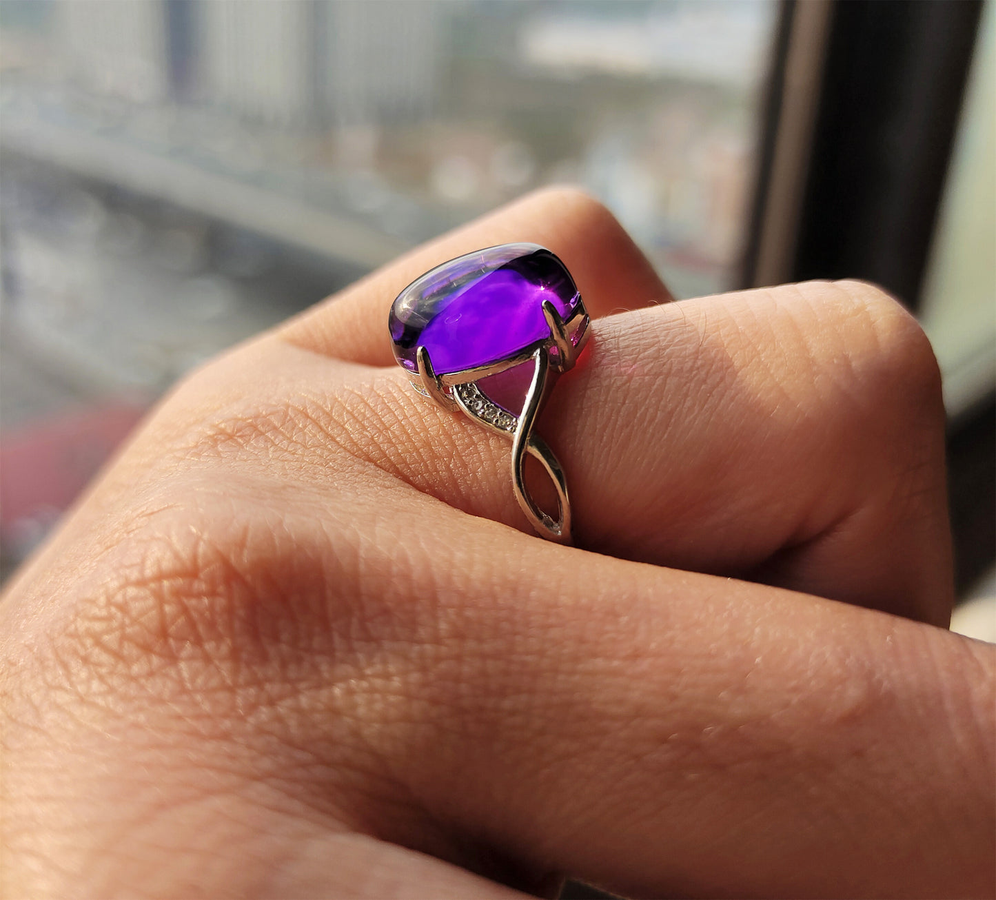 Natural Icy Amethyst Crystal Stone Ring Purple Quartz Genuine Certified Chinese Real Authentic Glassy Gemstone Oval