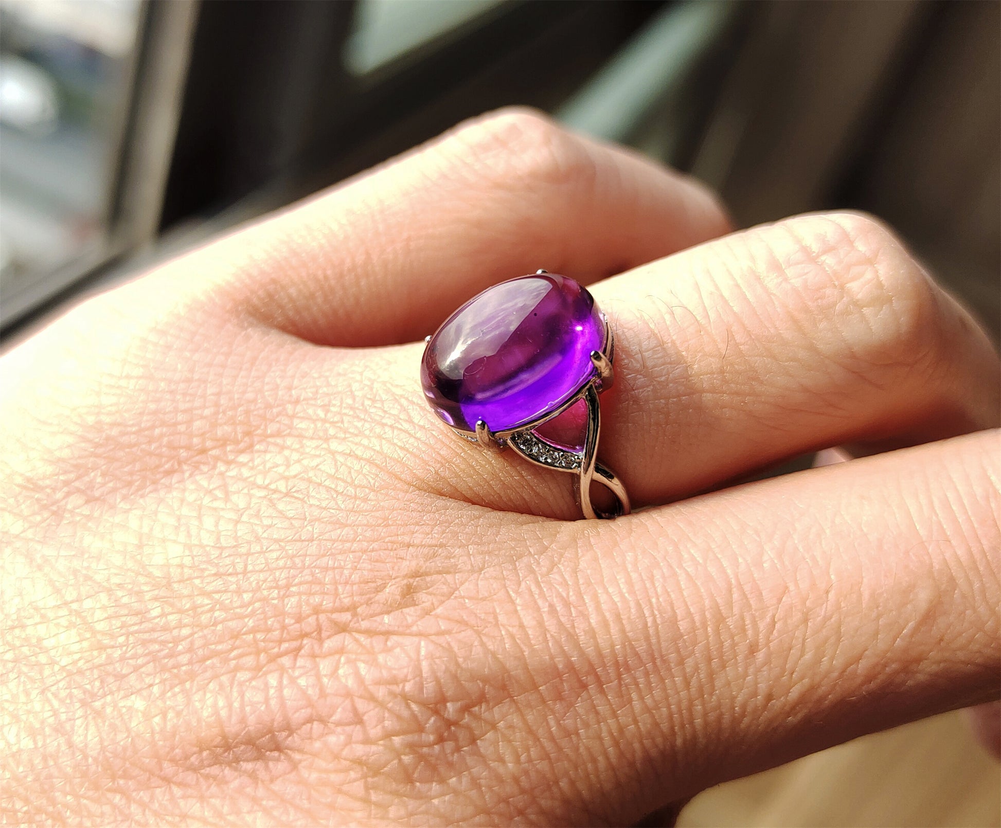 Natural Icy Amethyst Crystal Stone Ring Purple Quartz Genuine Certified Chinese Real Authentic Glassy Gemstone Oval