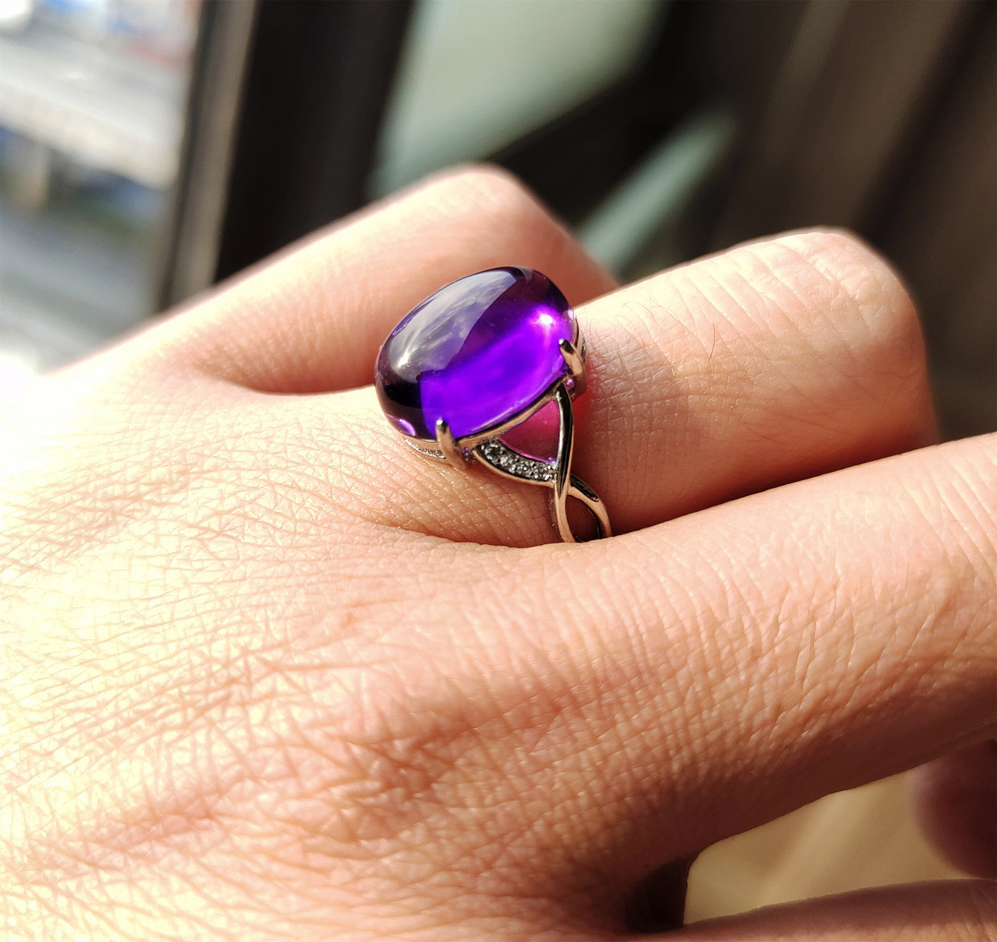 Natural Icy Amethyst Crystal Stone Ring Purple Quartz Genuine Certified Chinese Real Authentic Glassy Gemstone Oval