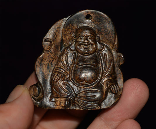 Natural Kalimantan Agarwood Happy Smile Buddha Pendant  Real Wild Aloeswood Kynam Qinan Kinam Netsuke Amulet