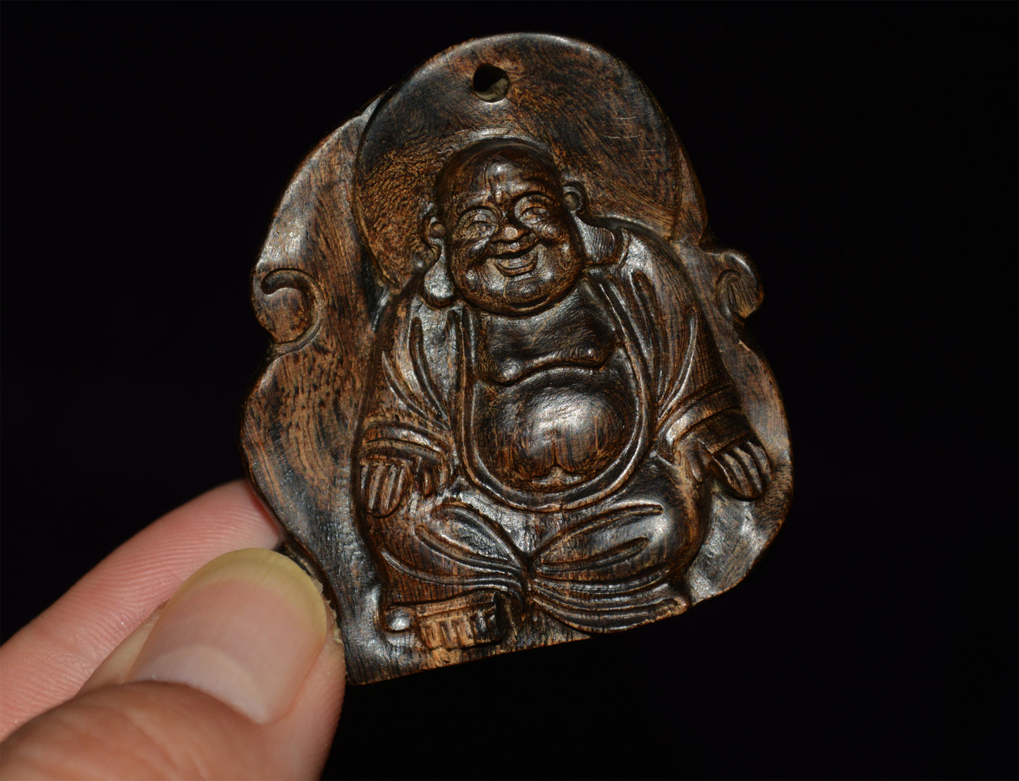 Natural Kalimantan Agarwood Happy Smile Buddha Pendant  Real Wild Aloeswood Kynam Qinan Kinam Netsuke Amulet